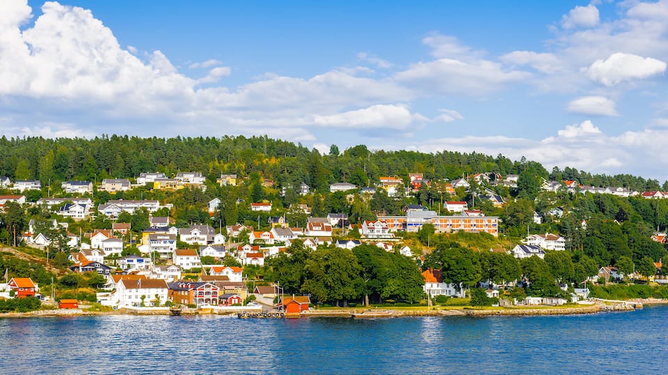 A coastal town with houses on a hillside and a body of water in the foreground.