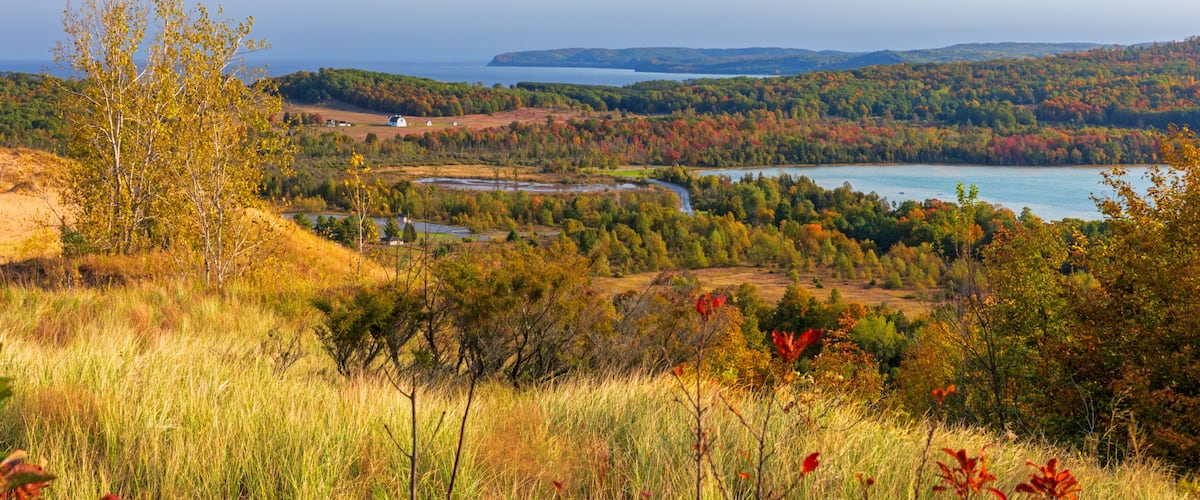 autumn landscape in Sleeping Bear Dunes looking toward Glen Lake and Pyramid Point
