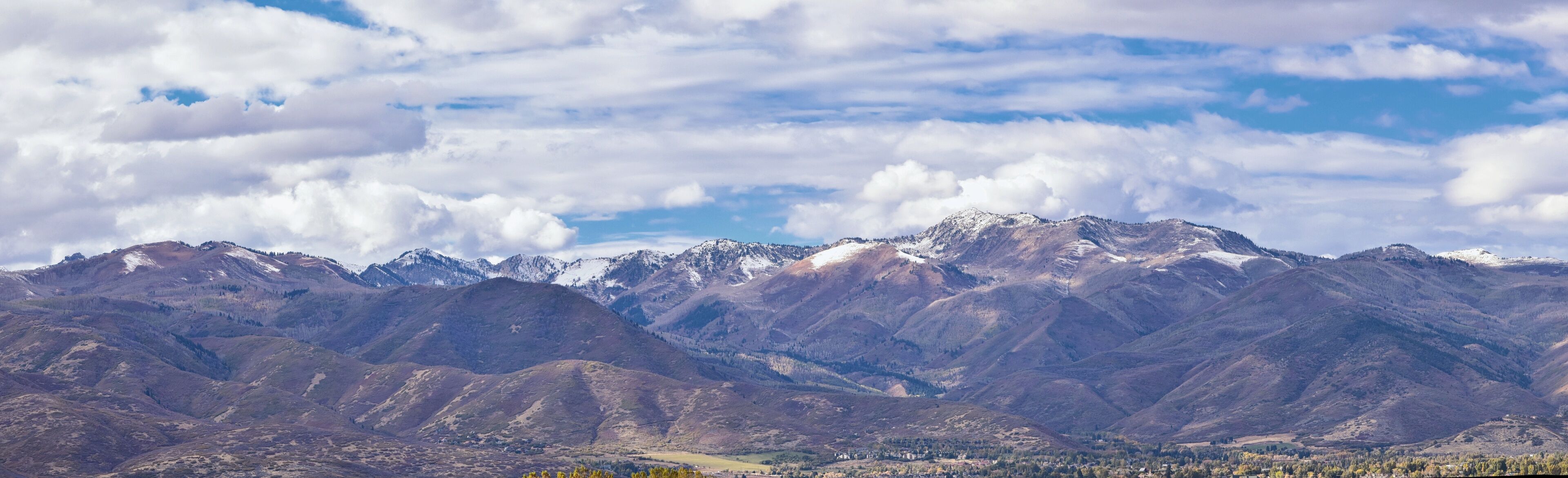 Panoramic Landscape view from Kamas and Samak off Utah Highway 150, view of backside of Mount Timpanogos near Jordanelle Reservoir in the Wasatch back Rocky Mountains, and Cloudscape. America.