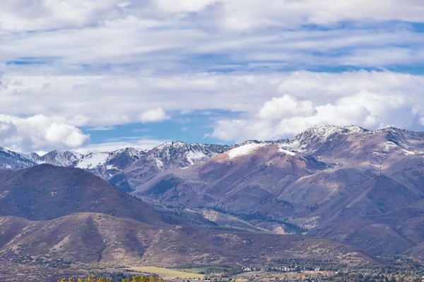 Panoramic Landscape view from Kamas and Samak off Utah Highway 150, view of backside of Mount Timpanogos near Jordanelle Reservoir in the Wasatch back Rocky Mountains, and Cloudscape. America.