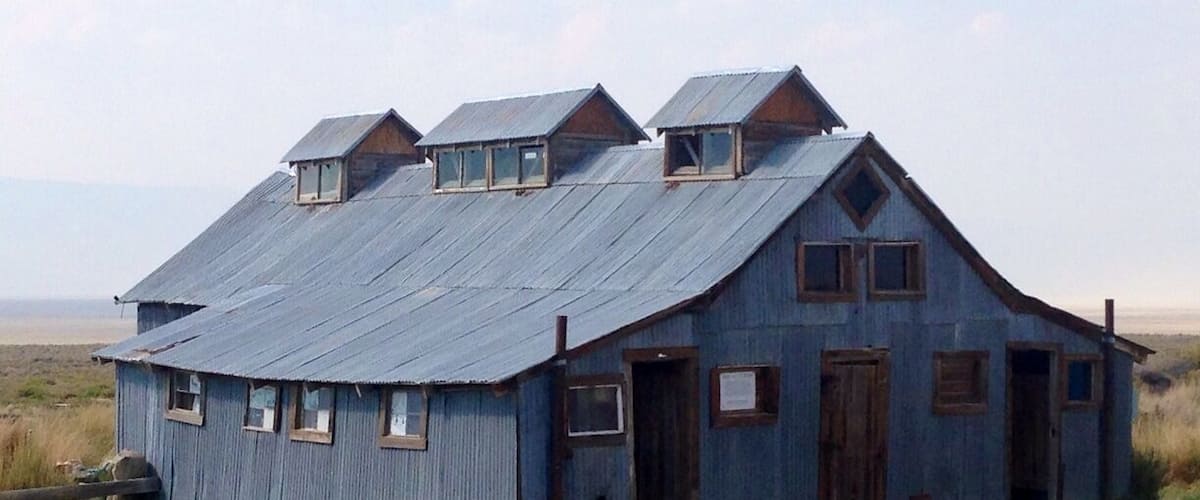 A rustic, weathered wooden house with a metal roof and multiple windows, situated in a grassy field.