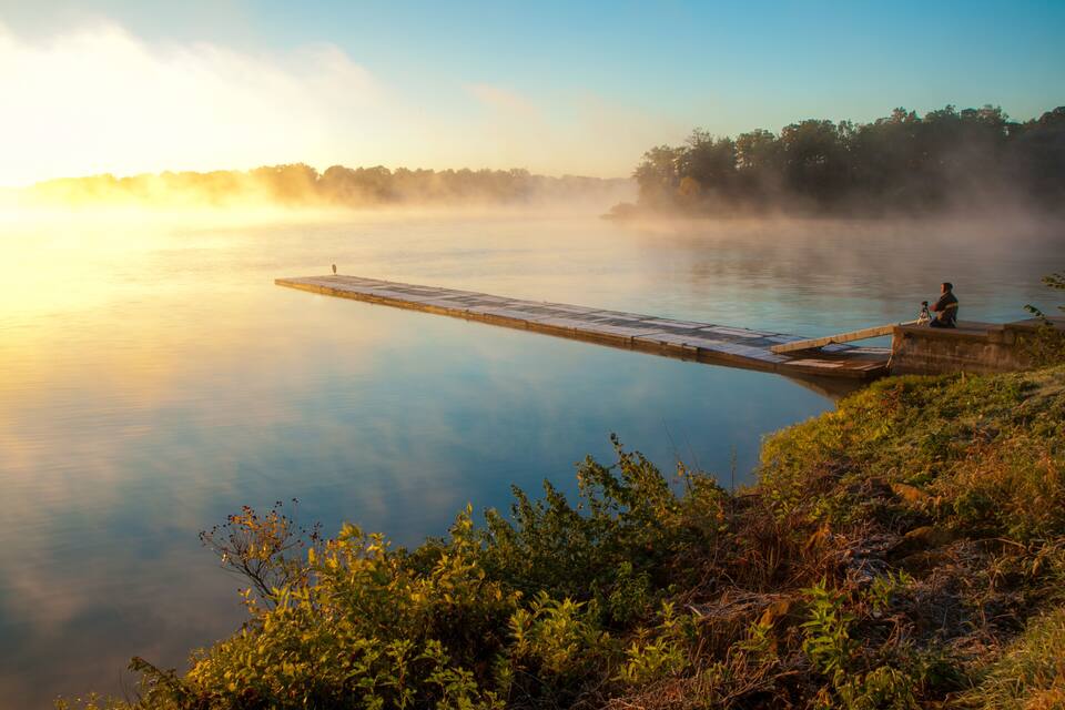 Une jetée en bois s’étendant sur un lac paisible au lever du soleil, entourée d’une végétation luxuriante et d’un léger brouillard.