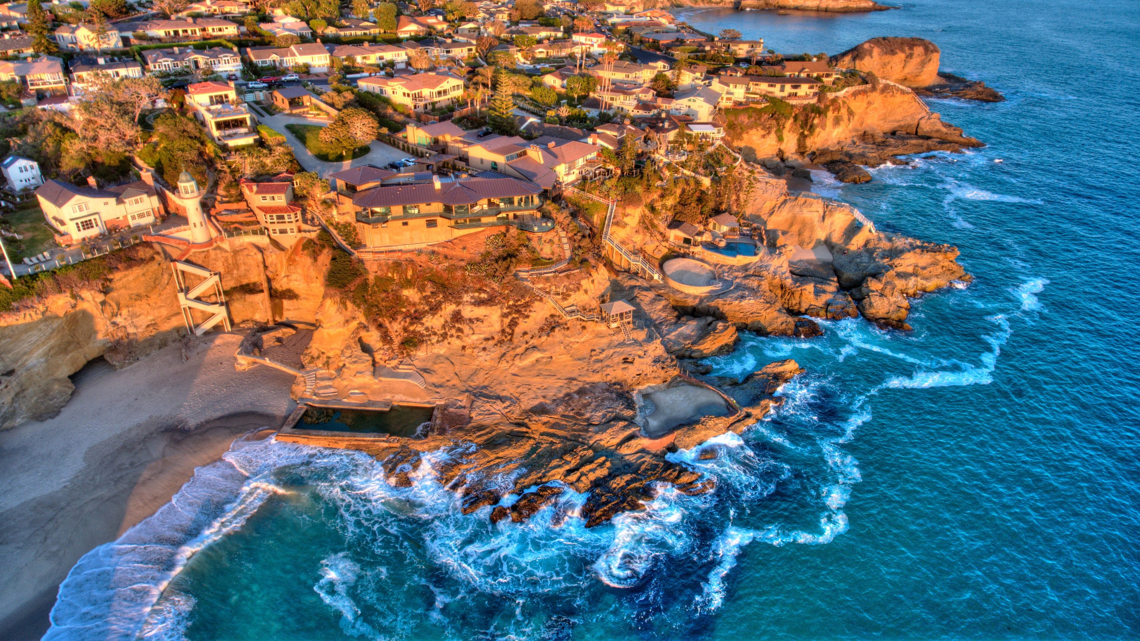 Aerial view of Three Arch Bay in Laguna Beach, Orange County, California during twilight
