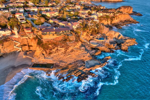 Aerial view of Three Arch Bay in Laguna Beach, Orange County, California during twilight