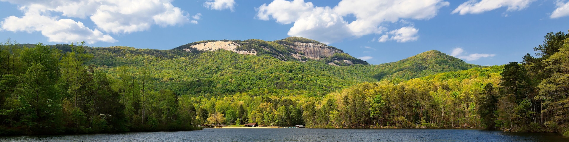 A lake surrounded by lush green forest and a mountain with a rocky outcrop.