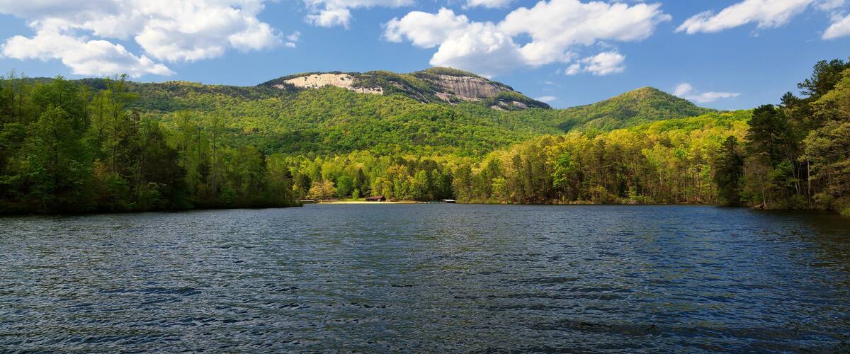 A lake surrounded by lush green forest and a mountain with a rocky outcrop.