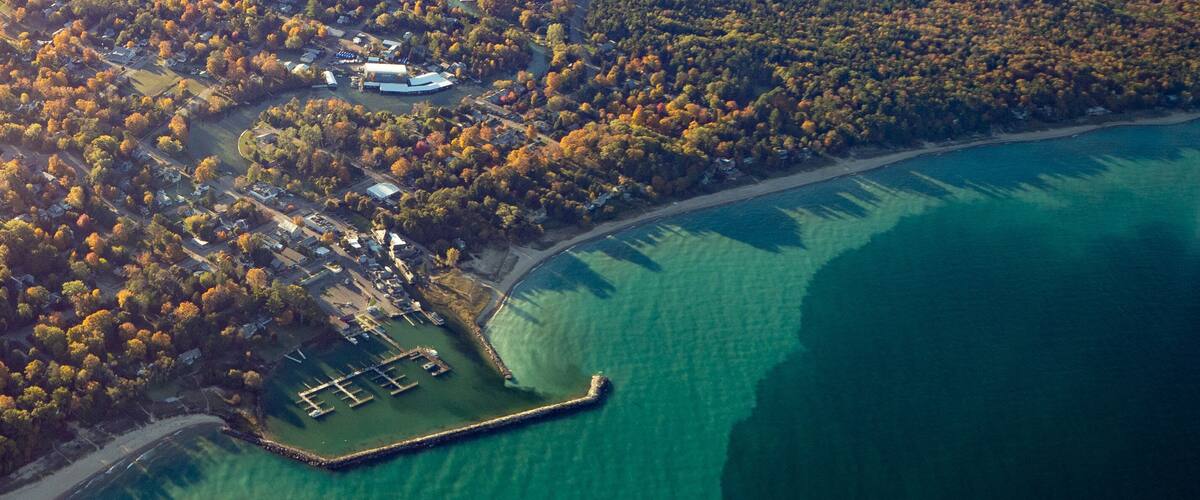 Aerial of Leland, Michigan of Lake Michigan in Autumn