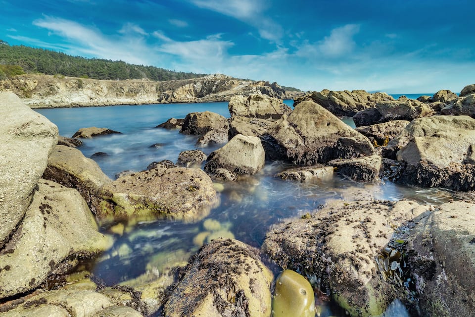 A rocky shoreline with clear water and a forested hill in the background.