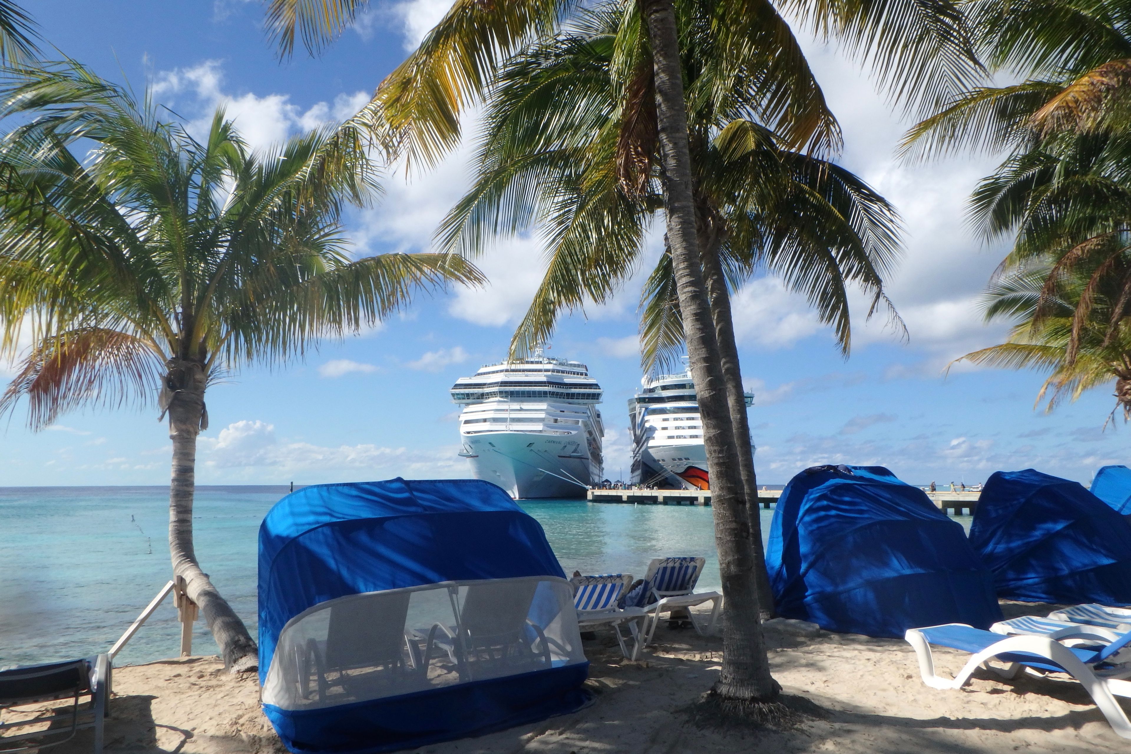 Une plage bordée de palmiers, un ciel bleu azur et, au loin, deux grands navires de croisière amarrés.