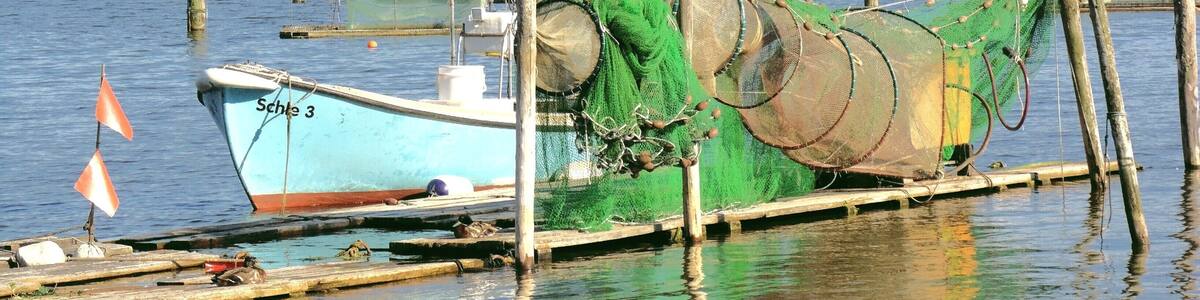 A boat named 'Schle 3' docked at a pier with fishing nets and a sailboat in the background.