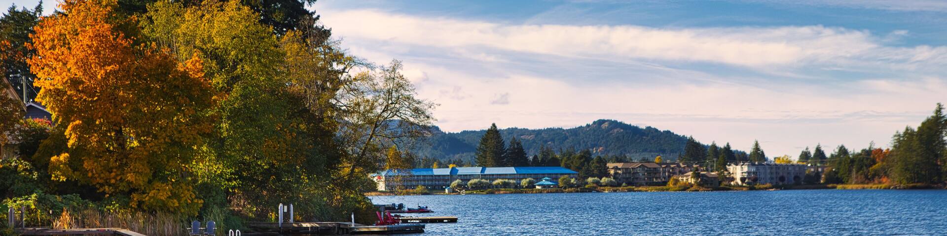 Wood dock on the long lake, Nanaimo, Vancouver Island, British Columbia, Bc Canada