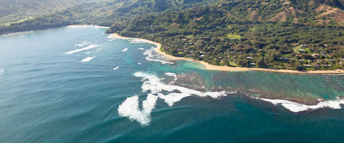 View from helicopter down to Tunnels Beach and Haena Beach in Kauai, Hawaii., Shutterstock ID 793775851, purchase_order: SP-1269 HA 2018 Batch 1, Order: , client: , other: