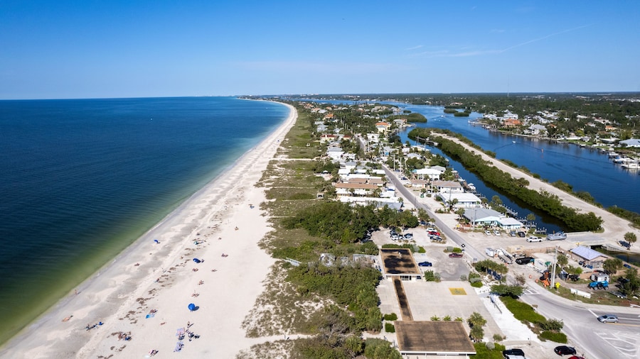 Aerial Drone Nokomis Beach. Gulf of Mexico on Casey Key in Nokomis Florida, United States. Red tide water.