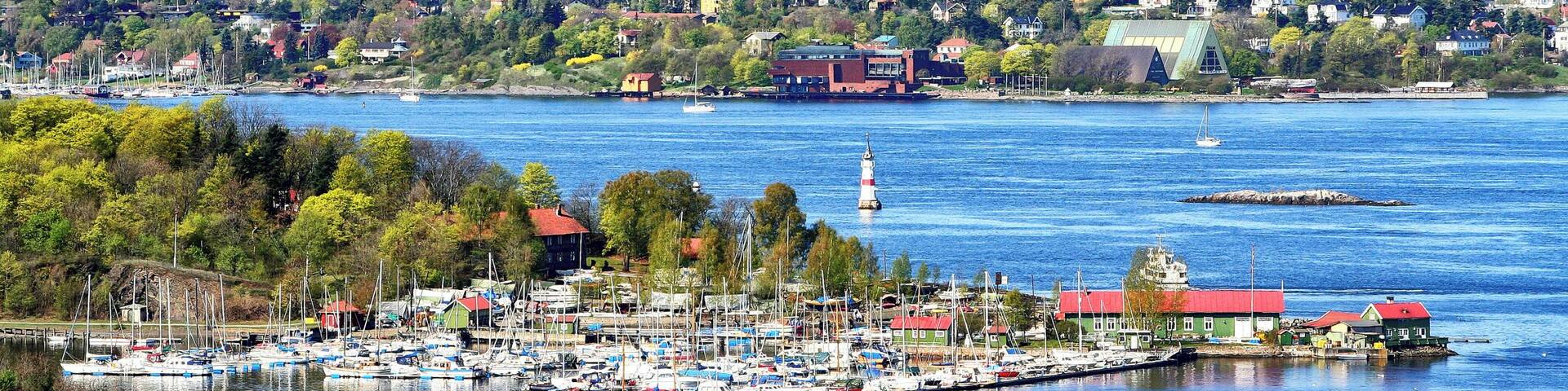 Yacht marina on island in Oslo fjord, Norway