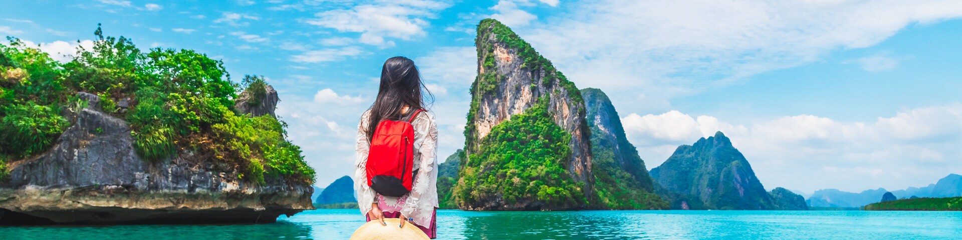 Adventure traveler young woman joy view beautiful destination island Phang-Nga bay, Famous landmark travel place Phuket Thailand, Tourism natural scenic landscape Asia, Tourist summer holiday vacation