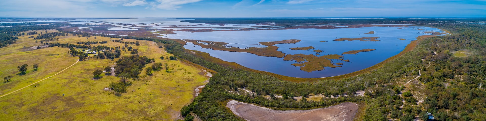 Wide aerial panorama of Lake Wellington in Gippsland, Australia