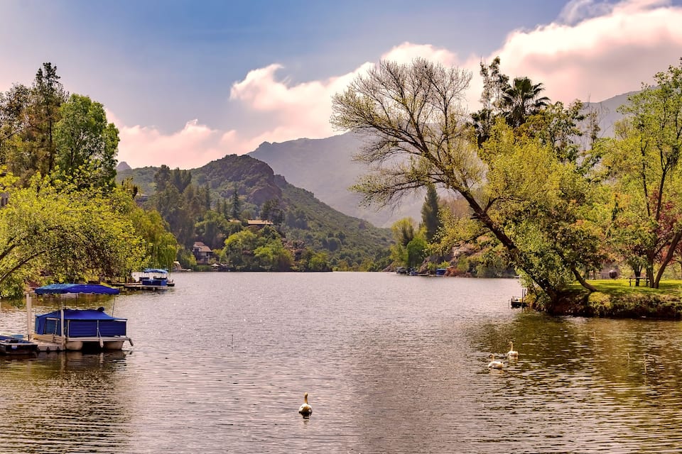 Um lago tranquilo com barcos, cisnes e montanhas ao fundo.