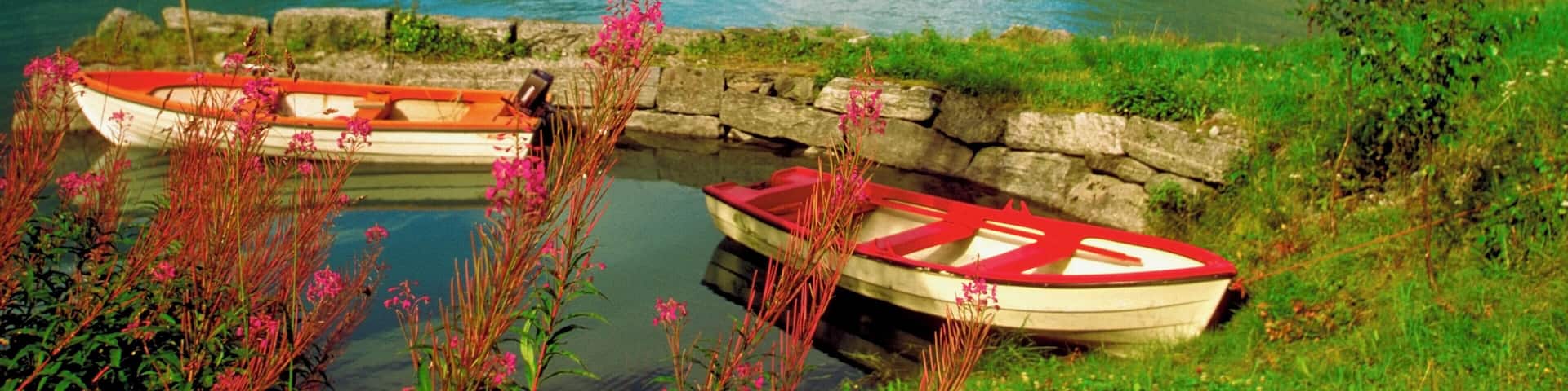 High angle view of two row boats in water, Nordfjord, Norway
