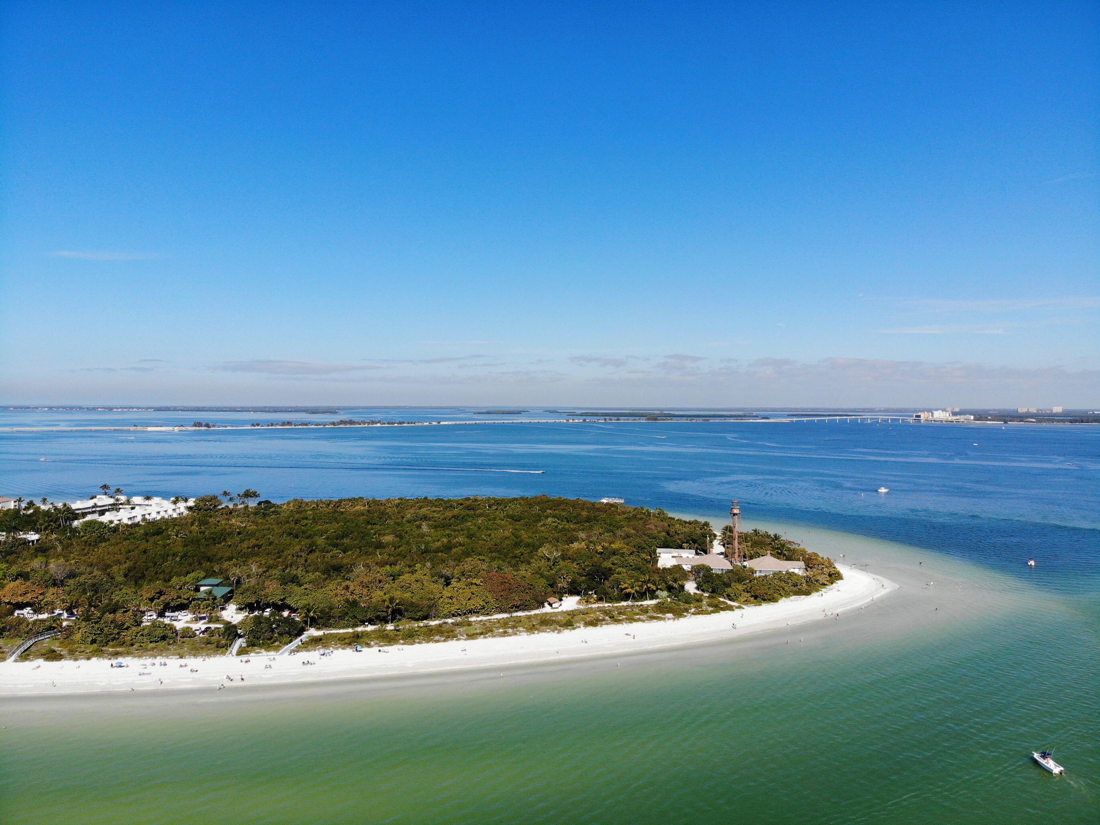 Aerial landscape view of the lighthouse and lighthouse beach on Sanibel Island in Lee County, Florida, United States