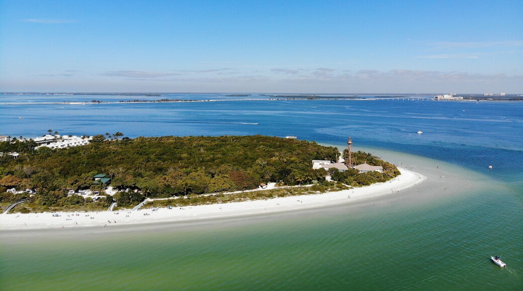 Aerial landscape view of the lighthouse and lighthouse beach on Sanibel Island in Lee County, Florida, United States