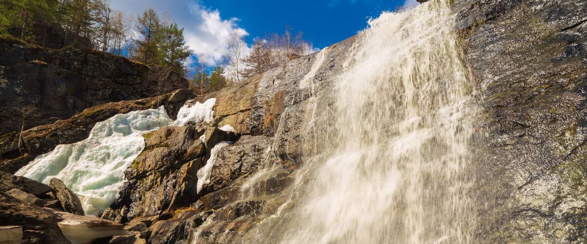 the largest waterfall in the South Urals gadelsha on a spring sunny day