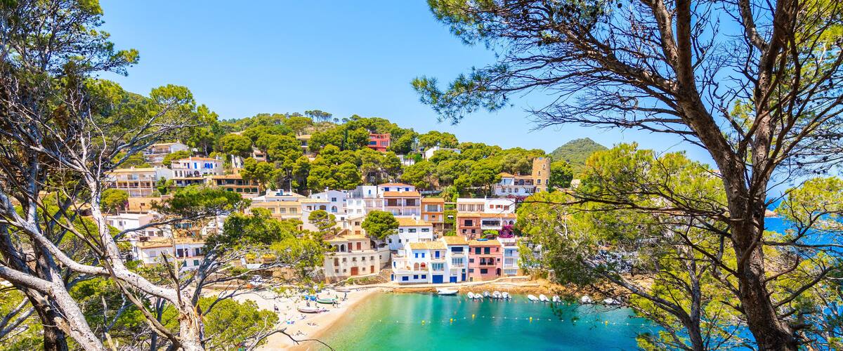 A coastal village with colorful buildings, clear turquoise waters, and pine trees.