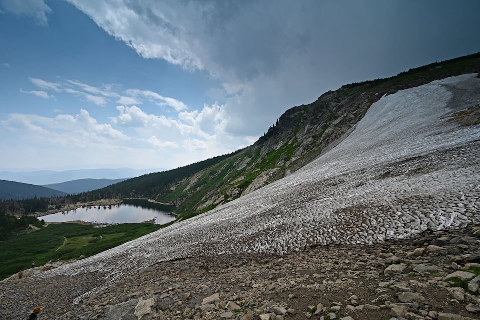 A mountain landscape with a lake, rocky terrain, and a clear sky.