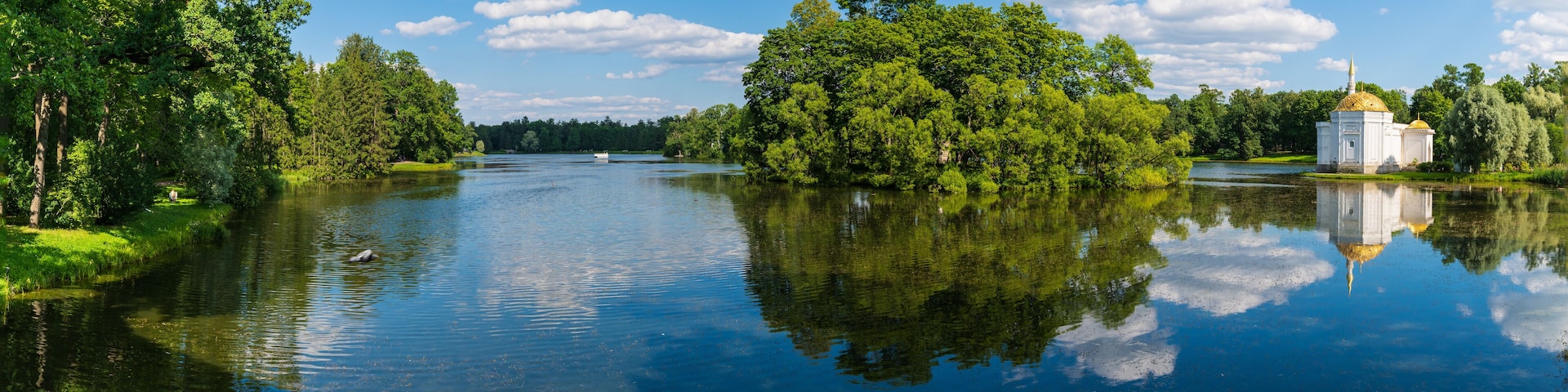 Beautiful panorama on the large pond of Catherine Park with the Turkish bath. Tsarskoe Selo, Pushkin, St. Petersburg, Russia.