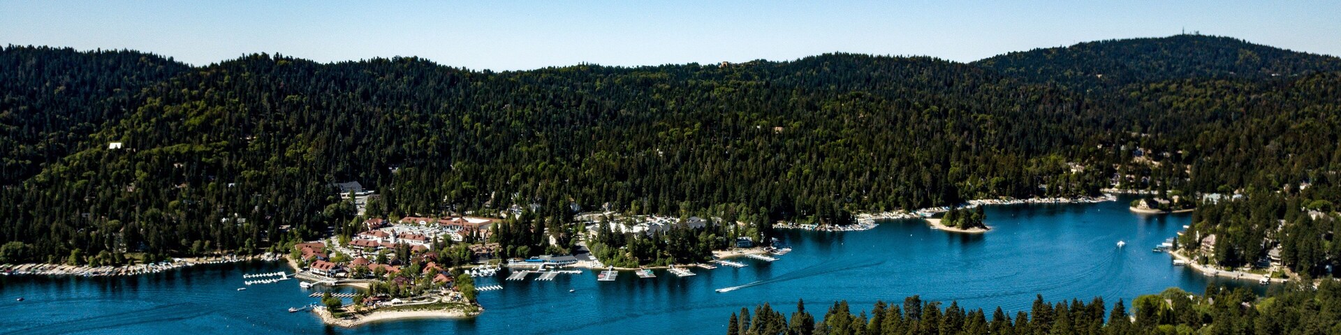 Aerial view of Blue Jay Bay and the Lake Arrowhead Village on a clear day