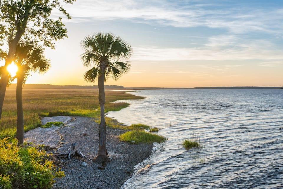 A sunset over a calm river with a palm tree and grassy banks.