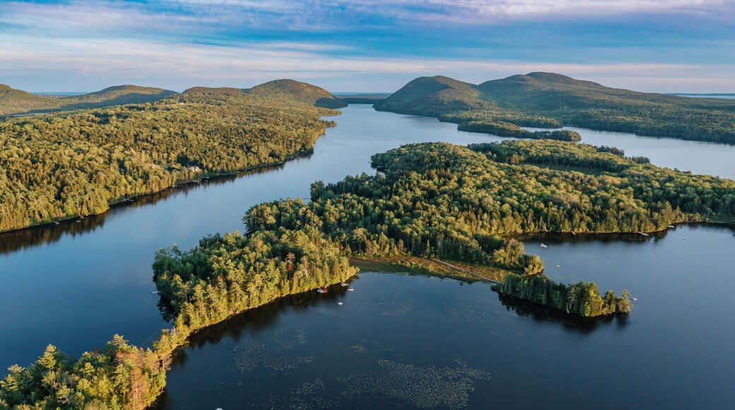 Forest, hills and Long Pond lake in Mount Desert, that borders on Acadia National Park. Maine, United States.