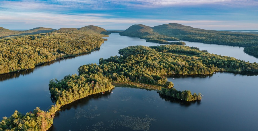 Forest, hills and Long Pond lake in Mount Desert, that borders on Acadia National Park. Maine, United States.