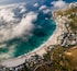 Panoramic aerial view of Clifton beach in low cloud, Cape Town, South Africa.