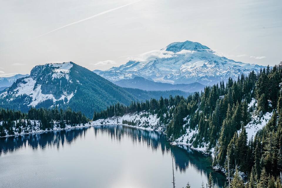 A snow-covered mountain range with a lake in the foreground and a forested area.