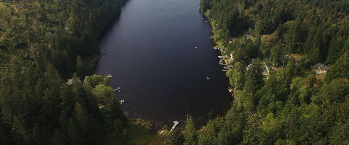 Monroe, Washington Aerial Shot Forested Storm Lake and Flowing Lake