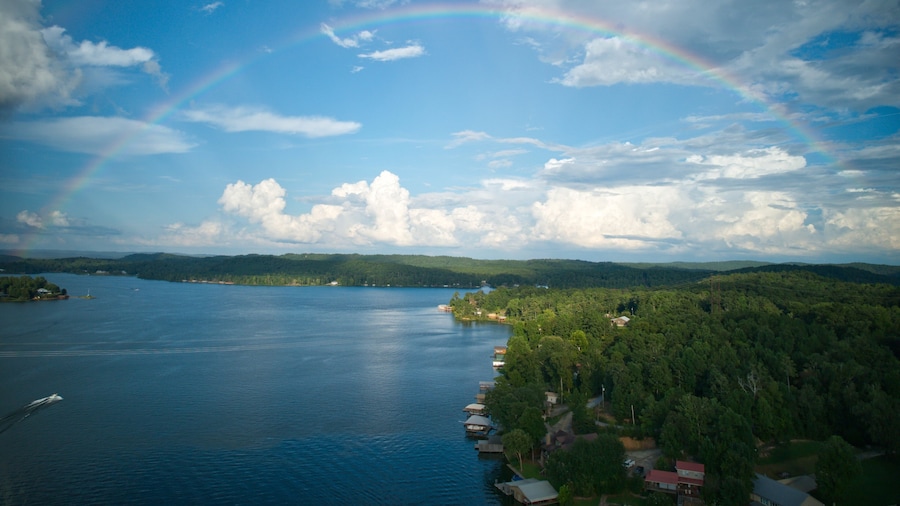 Full rainbow over the idyllic Lake Mitchell, Alabama, USA