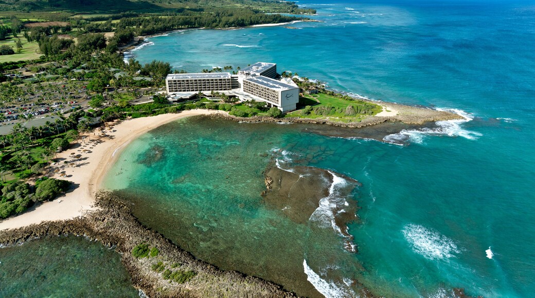 Helicopter overview of Turtle Bay Resort on north shore of Oahu