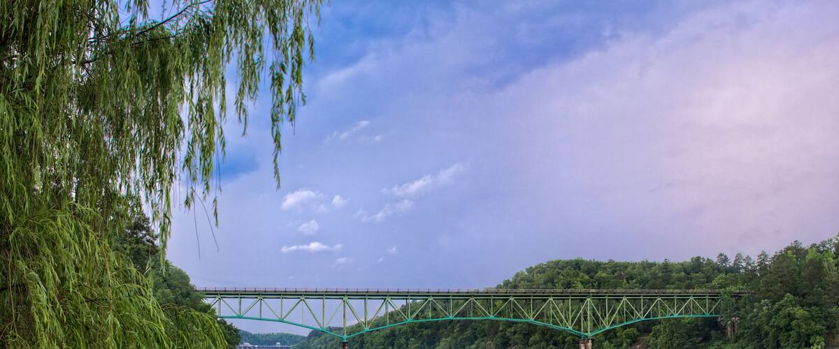 Looking upriver at lake Jordan with small pier and reflection on water