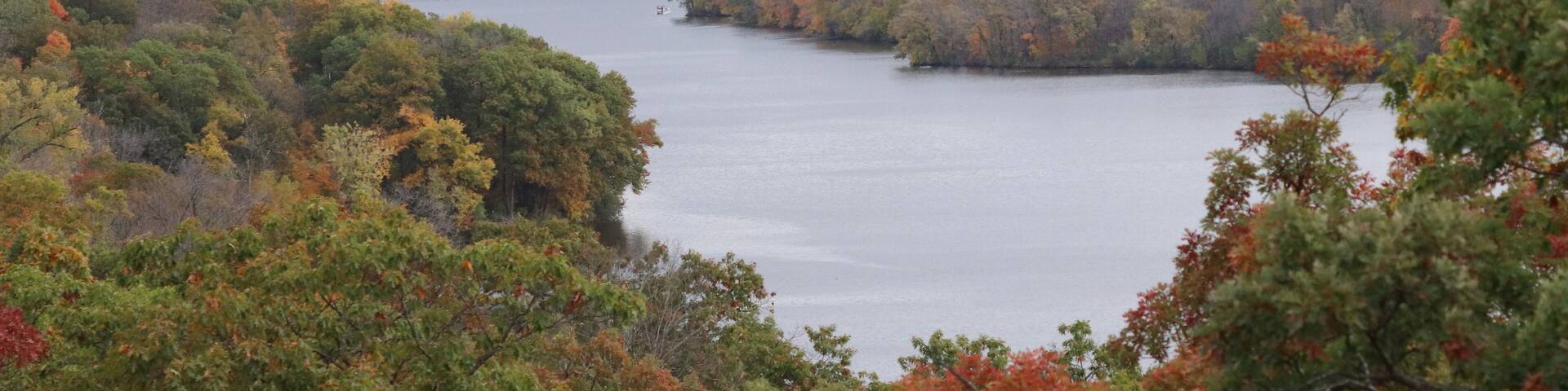 Autumn landscape with trees and lake near Interstate State Park in Taylors Falls, Minnesota.