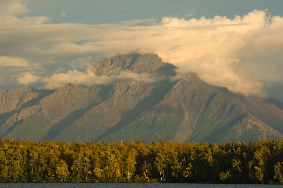 A mountain range with a forested foreground and clouds above.
