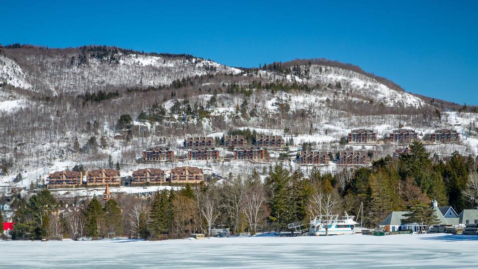 A winter resort with snow-covered buildings and a frozen lake.