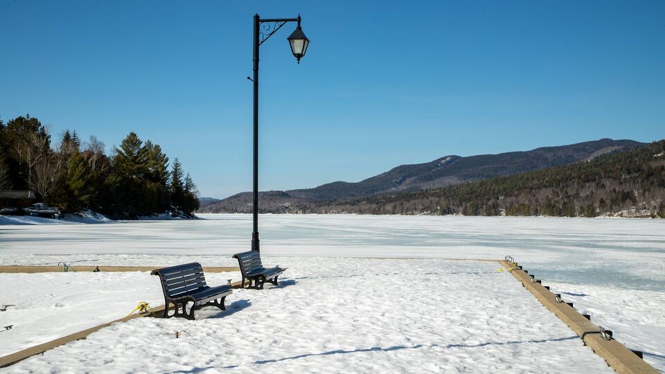 A frozen lake with benches and a lamp post.