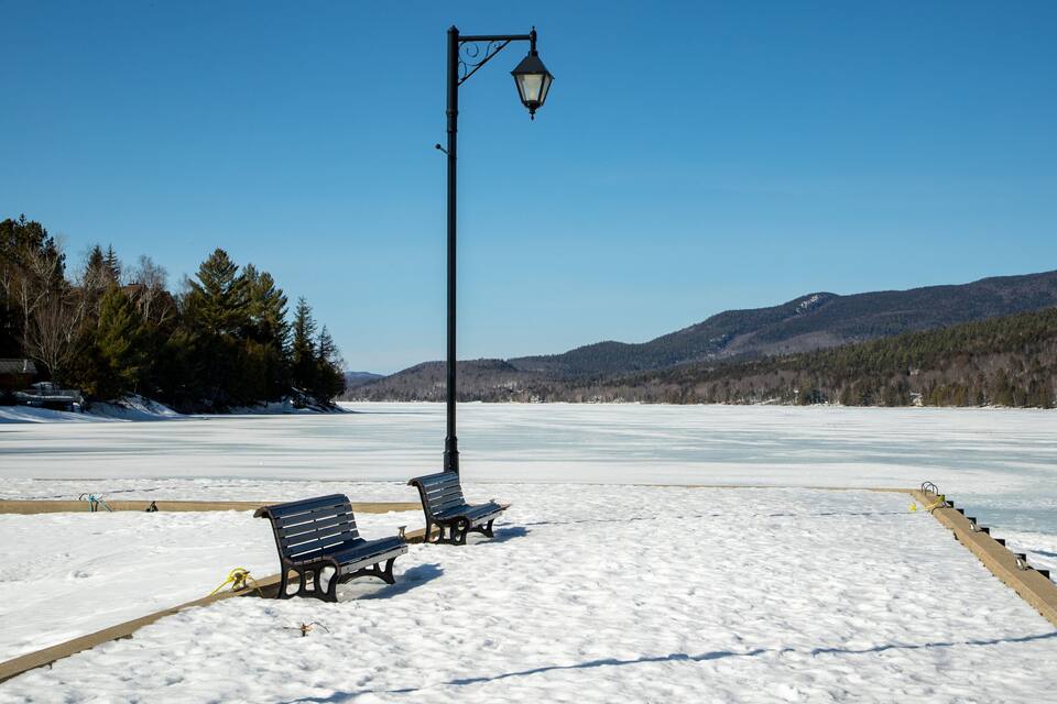 A frozen lake with benches and a lamp post.