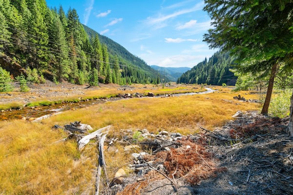 Canyon Creek, which runs from the mining town of Wallace, Idaho, to the abandoned town of Burke, Idaho, in the Silver Valley region, now a Superfund site due to heavy metals in the soil.