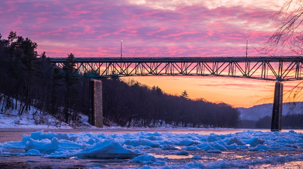 Icy Delaware River at vivid Sunset near Milford Bridge, PA