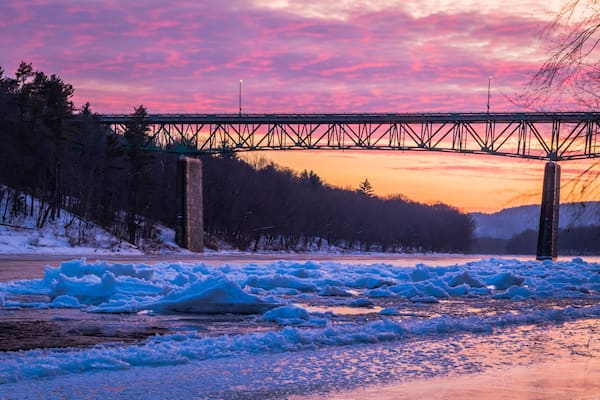 Icy Delaware River at vivid Sunset near Milford Bridge, PA