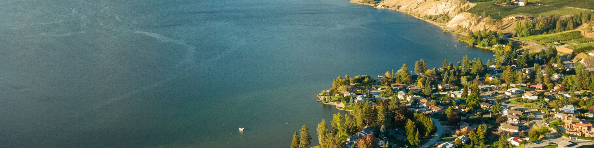 Skaha Lake showing a small town or village, landscape views and a lake or waterhole