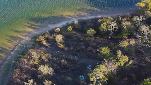 Panorama curved shoreline and remote waterfront primitive camping sites with tents at Isle du Bois Ray Roberts Lake State Park lush green tree forest near Denton, Texas, US aerial view