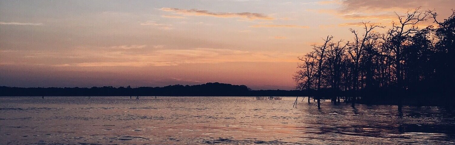 A sunset over a body of water with reflections of the sky, silhouetted trees, and a distant shoreline.