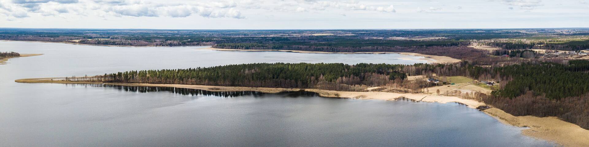 Aerial view of village Usma and lake Usma, Latvia.